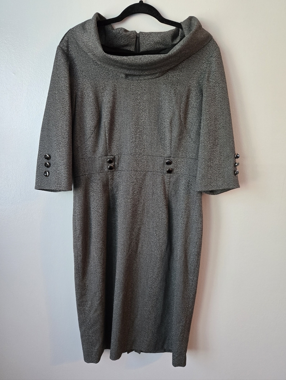 Antonio Melani Herringbone Sheath Dress Grey Cowl Neck Button Detail Size 12